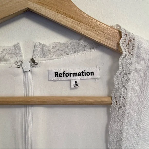 Reformation Reia White Linen Bow Mini Dress Lace Trim Women’s Size 6 - Picture 8 of 10